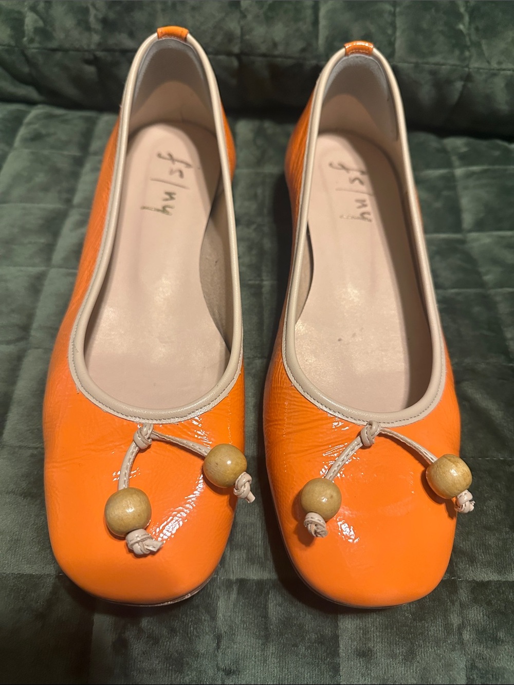 French Sole Orange Patent Ballet Flats with Beige Trim and Bead Detail